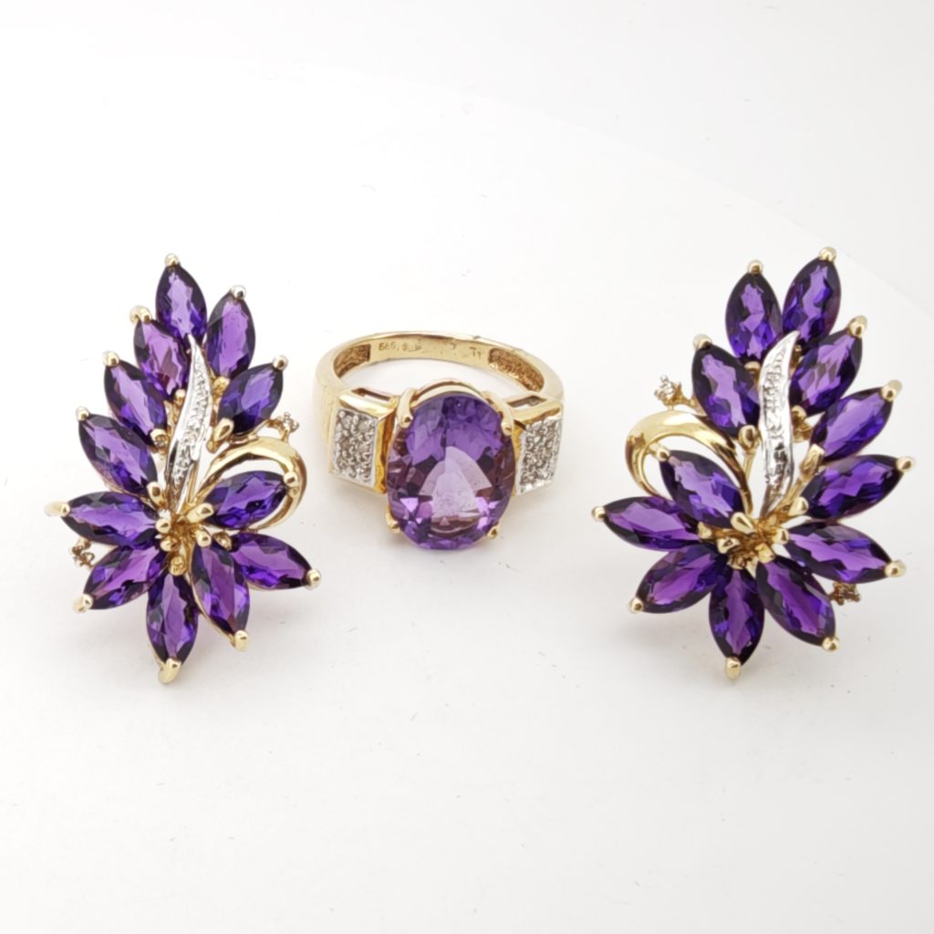 set aur 14k inel si cerceii cu amethyst si diamante
