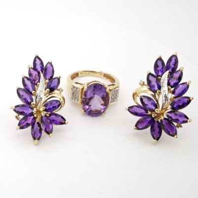 set aur 14k inel si cerceii cu amethyst si diamante