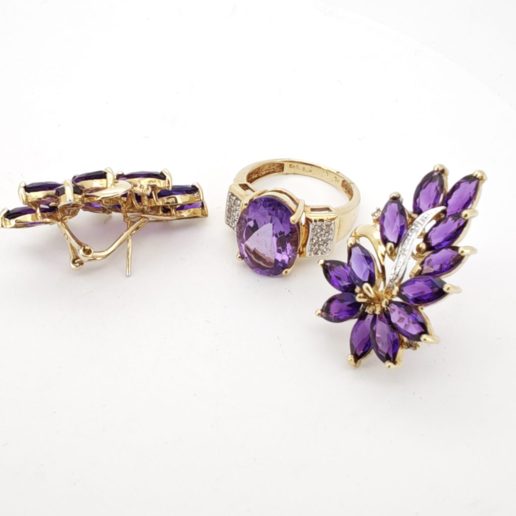 set aur 14k inel si cerceii cu amethyst si diamante