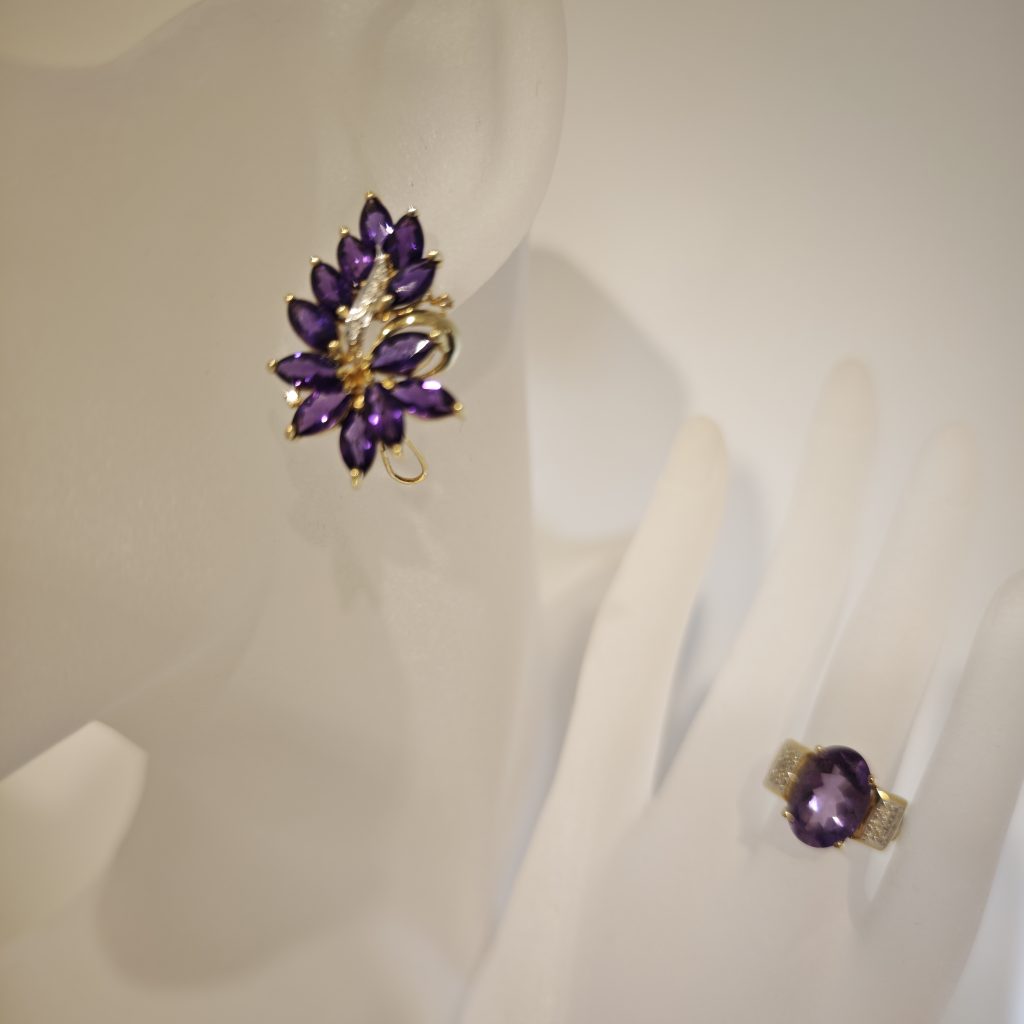 set aur 14k inel si cerceii cu amethyst si diamante